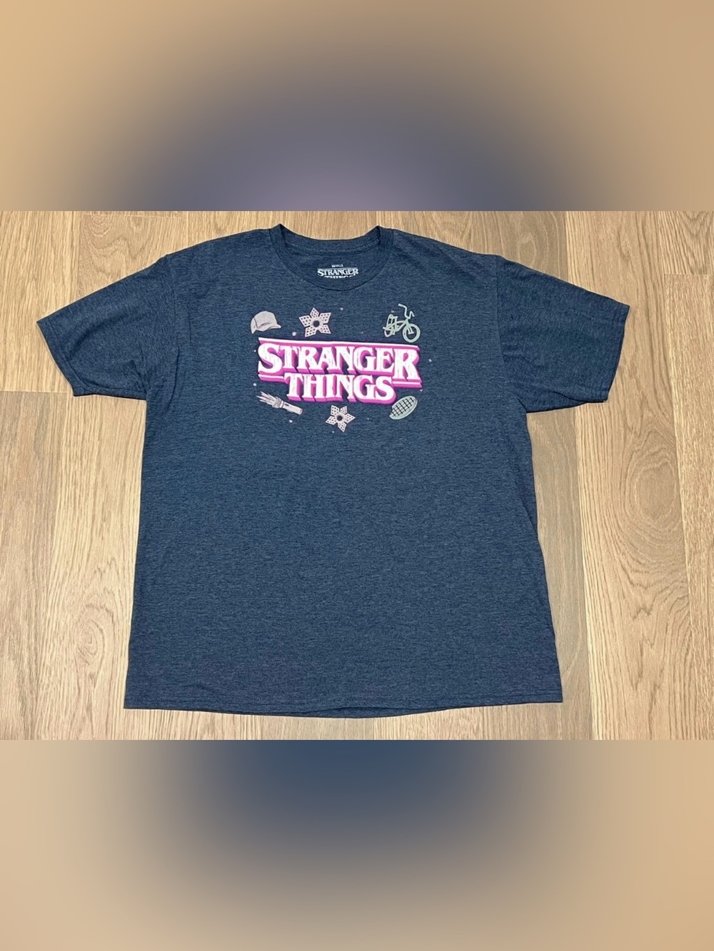 XL Mens Netflix STRANGER THINGS Blue Graphic Tee Shirt Top Bike Waffle Short Slv
